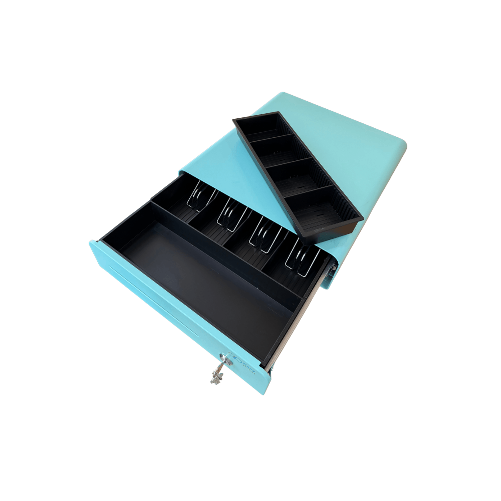 ลิ้นชักเก็บเงิน EASYPRINT รุ่น CD-335 สีเขียว 4 ช่องธนบัตรขนาดใหญ่ 4 ช่องเหรียญ RJ11 12/24V